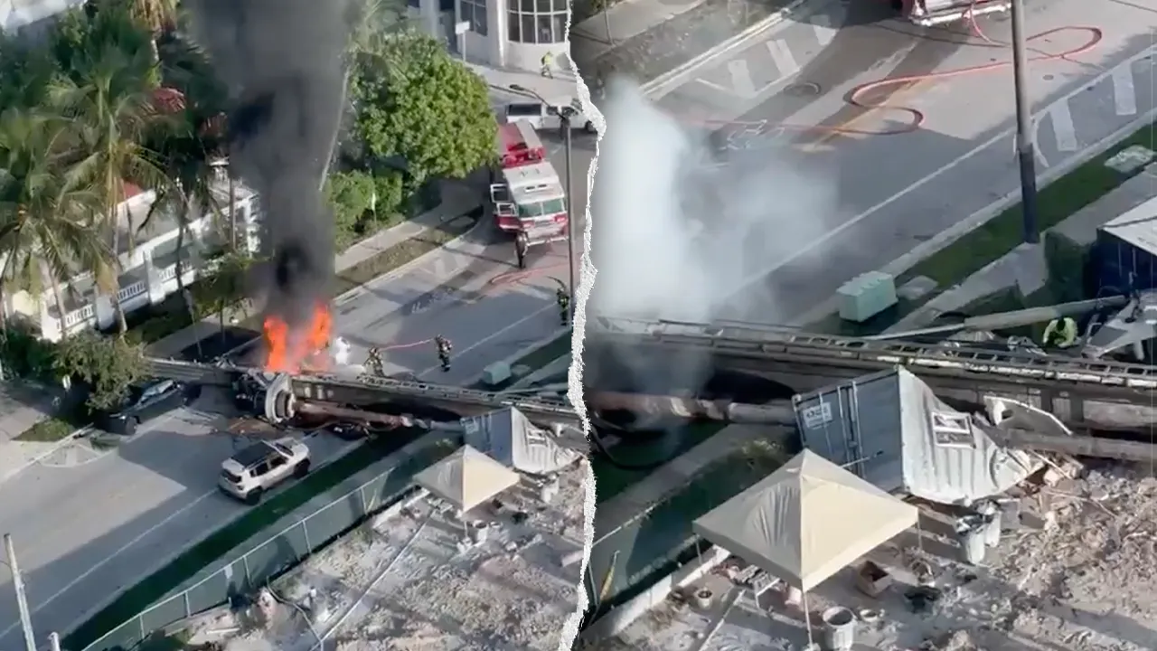 Bau-Bohrgerät stürzt in Miami auf drei Autos und schließt Arbeiter ein