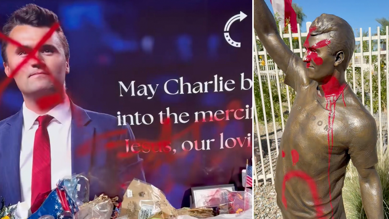 Charlie-Kirk-Statue mit roter Farbe beschmiert, Jesus durchgestrichen